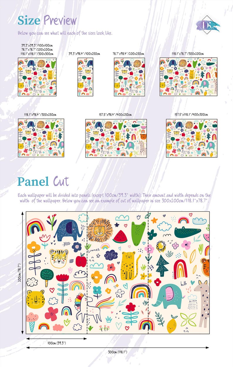 Scandinavian Baby Room Wallpaper, Animals & Rainbows, Nursery Wall Mural, Kids Art • Peel and Stick *self adhesive* or Traditional Vinyl • image 4
