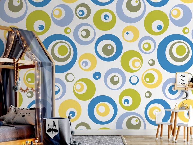 Wallpaper with green and blue circles self adhesive peel and stick wall mural For Kids