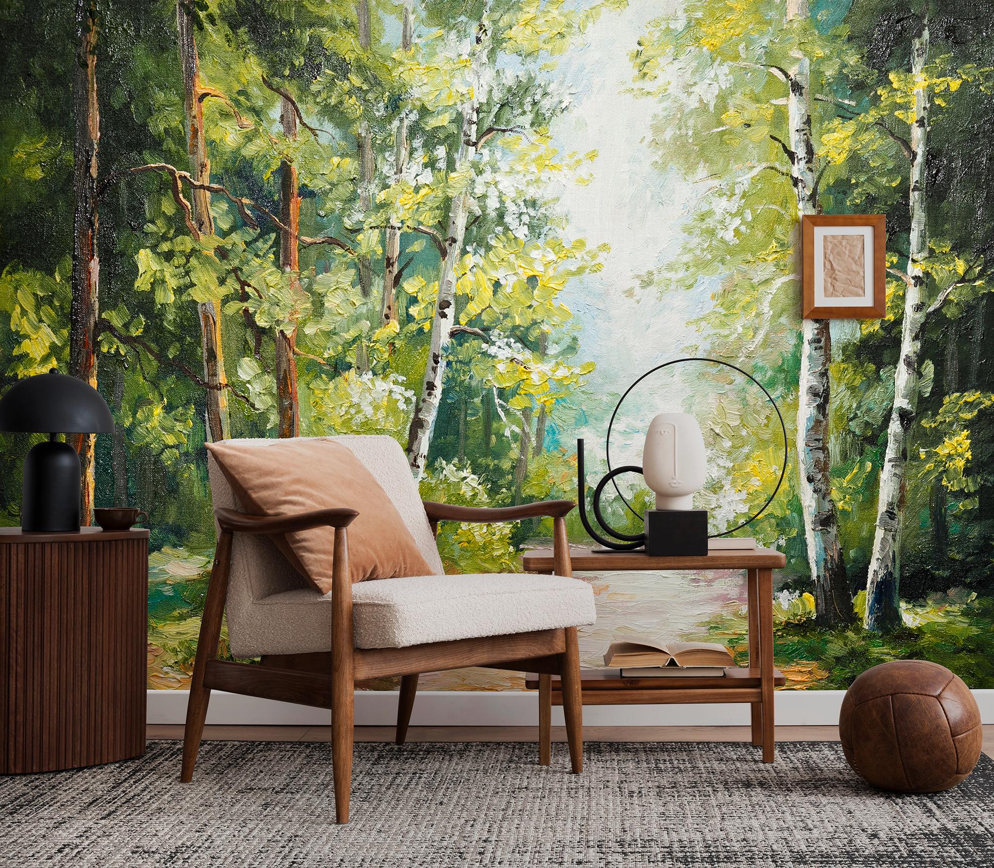 Forest Path Vintage Wallpaper, Tree Landscape, Painted Forest Wall Art ...