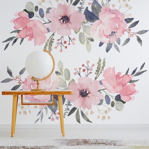 White wallpaper with watercolor pink flowers, self adhesive, peel and stick floral wall mural