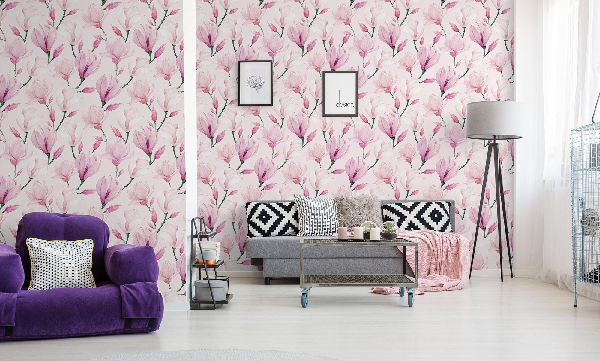 Pink Watercolor Wallpaper With Blossoms || Peel and Stick Floral Wall ...