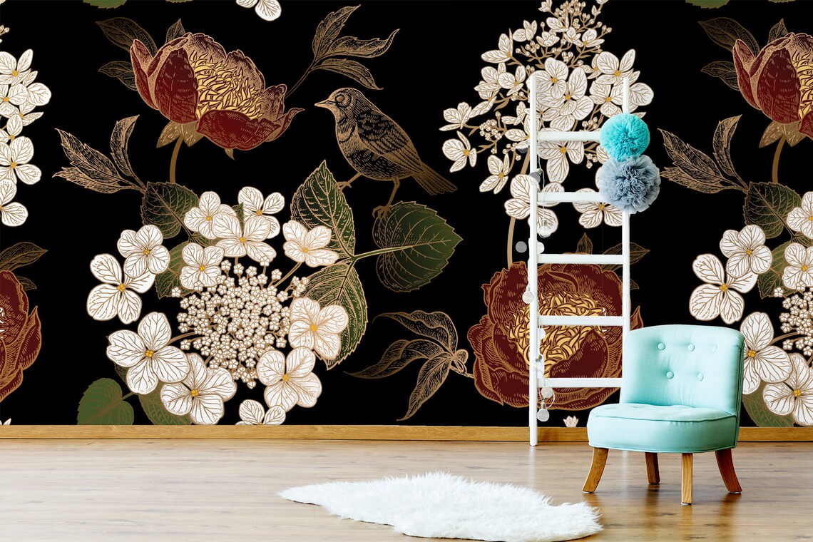 Dark Wallpaper With Peonies Hydrangea and Birds for Kids - Etsy