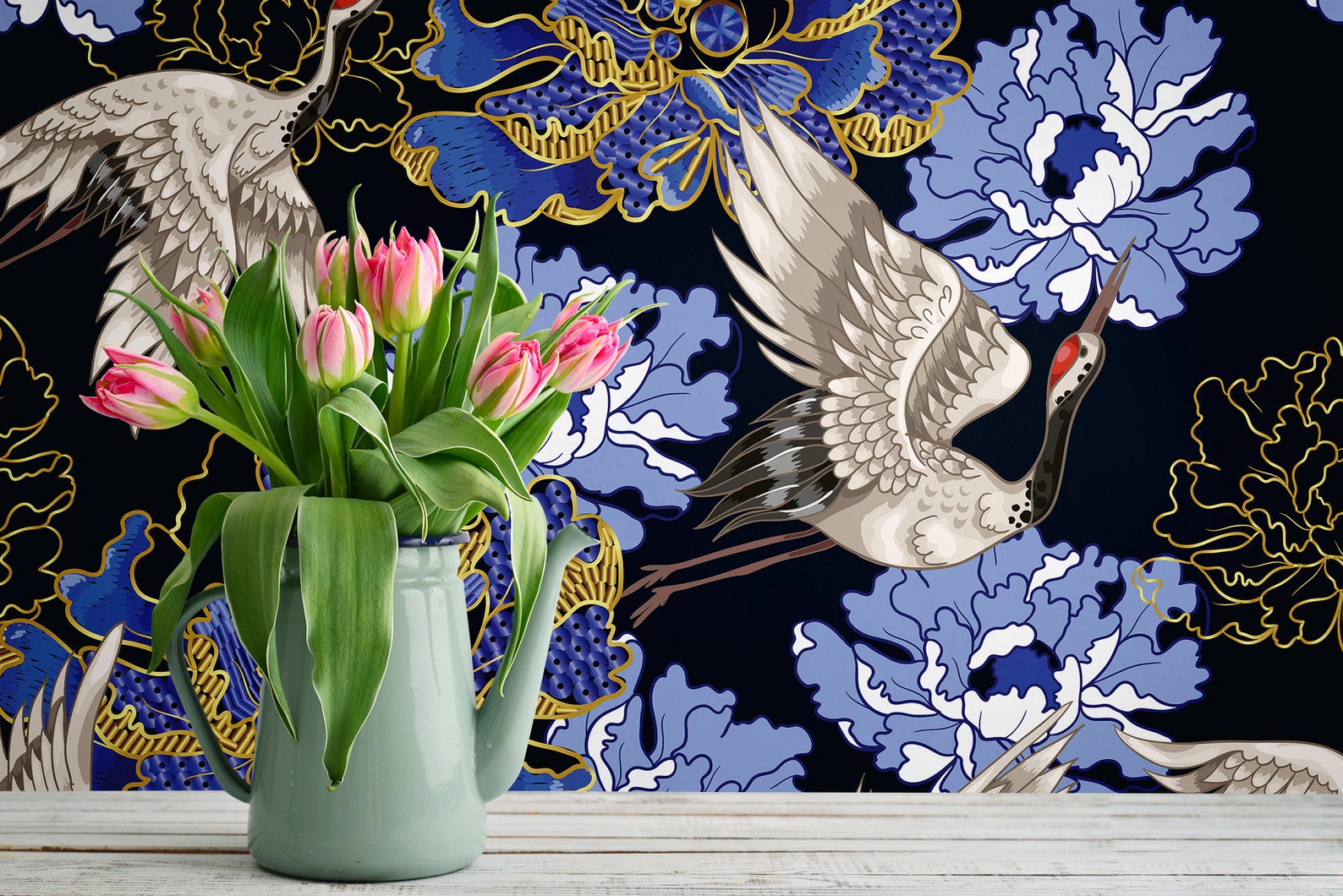 Black Wallpaper With Oriental Flower and Bird Pattern Self - Etsy