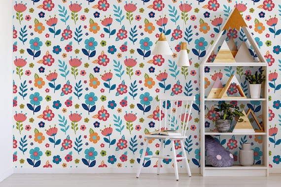 Colorful Wallpaper With Vector Flower Pattern Wallpaper for | Etsy