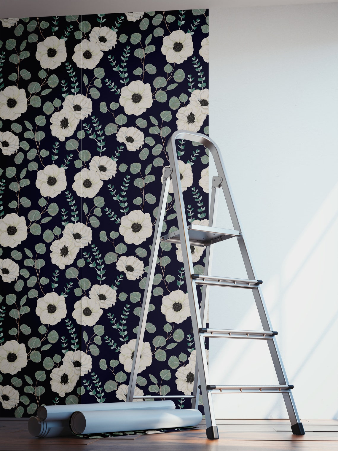 Dark Wallpaper With White Anemone Flower Pattern Self | Etsy