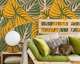 Retro Leaves Wall Mural, '70s Wallpaper, Green & Yellow Botanical Pattern• Peel and Stick *self adhesive* or Non-Pasted Vinyl Materials