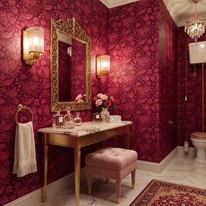 Papel pintado Art Déco de rosas color burdeos, estampado floral rojo oscuro, mural botánico para pared • Autoadhesivo o vinilo tradicional •