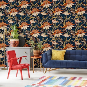 Blue Wallpaper With Elegant Orange Floral Pattern, Self Adhesive, Peel ...