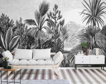 Papel pintado tropical en blanco y negro, autoadhesivo, mural de pared despegable y pegable