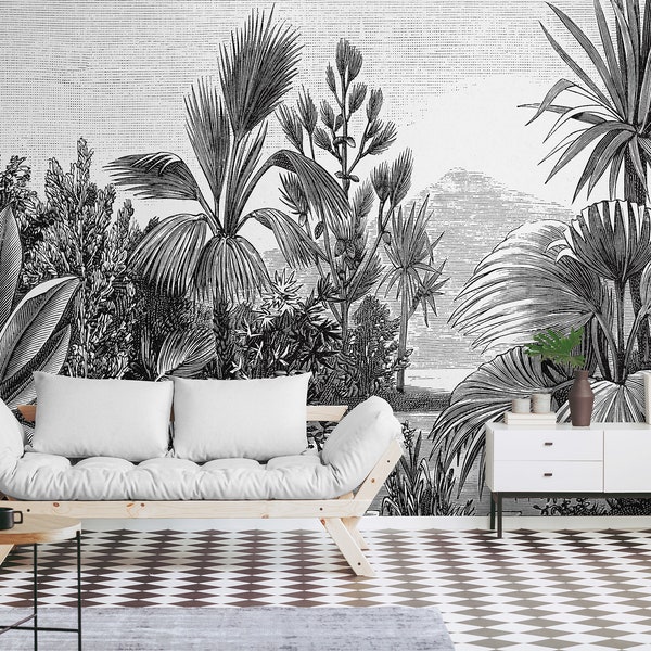 Black and white tropical wallpaper, self adhesive, peel and stick wall mural