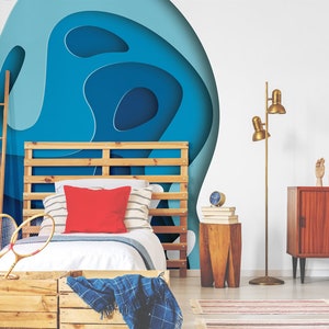 Blue and white abstract wallpaper, self adhesive, peel and stick wall mural
