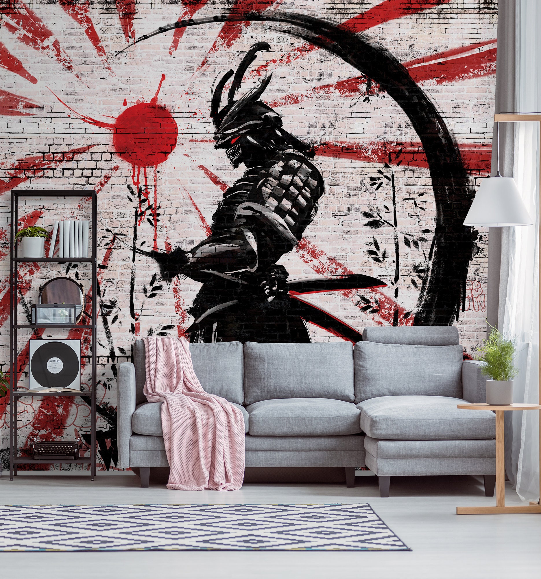 Japanese Warrior Street Art Wallpaper, Dark Samurai Painting on a