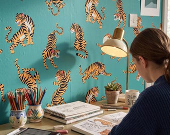 Tiger pattern wallpaper, kids room, nursery, tropical animal wall art, home decor, peel and stick *self adhesive* or traditional vinyl paper