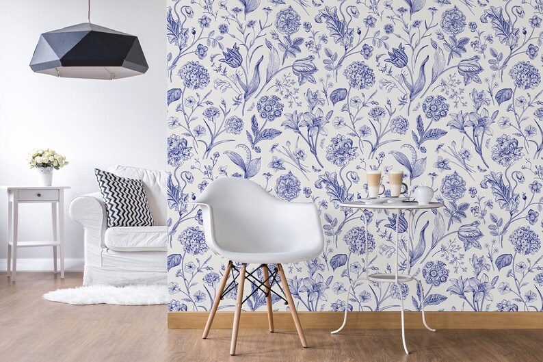 White Wallpaper With Blue Floral Pattern Self Adhesive Peel Etsy
