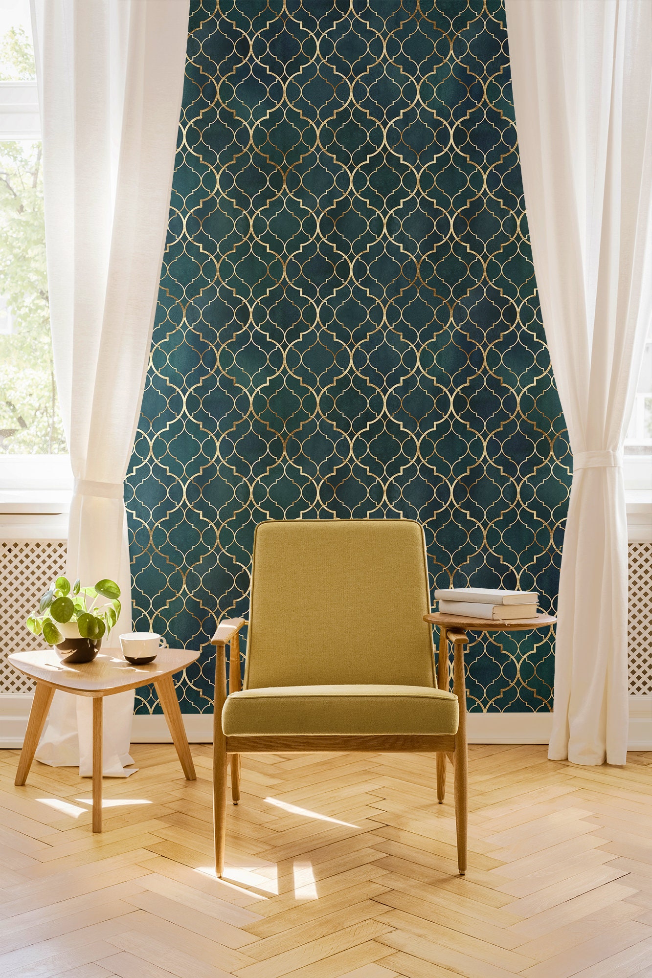 Dark Teal and Gold Damask Pattern Wallpaper no Shiny Effects Etsy