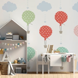 White wallpaper with colorful hot air balloons || For Kids, self adhesive, peel and stick wall mural
