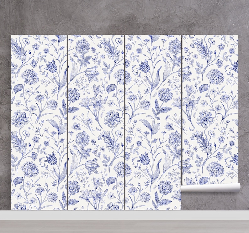 White Wallpaper With Blue Floral Pattern Self Adhesive Peel Etsy