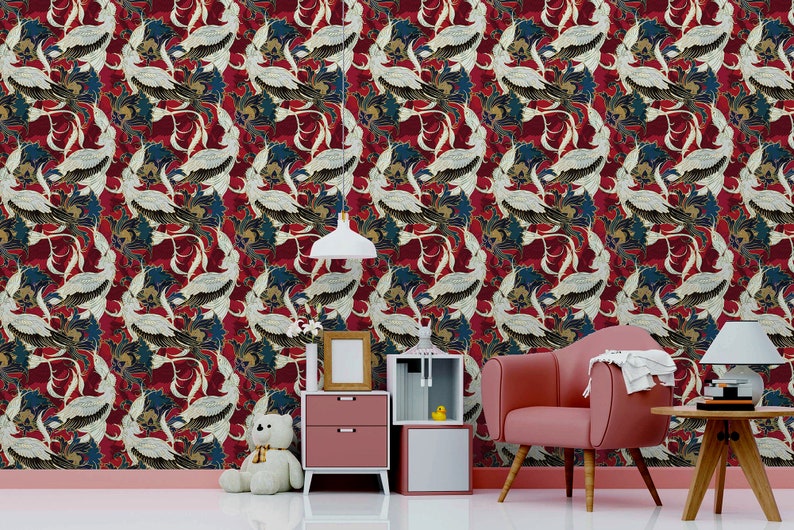 peel and stick wall mural For Kids self adhesive Red oriental bird pattern wallpaper