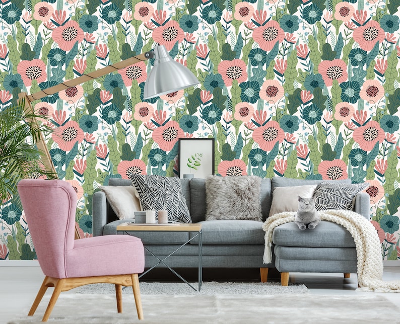 Green and Pink Cartoon Floral Wallpaper Peel and Stick | Etsy