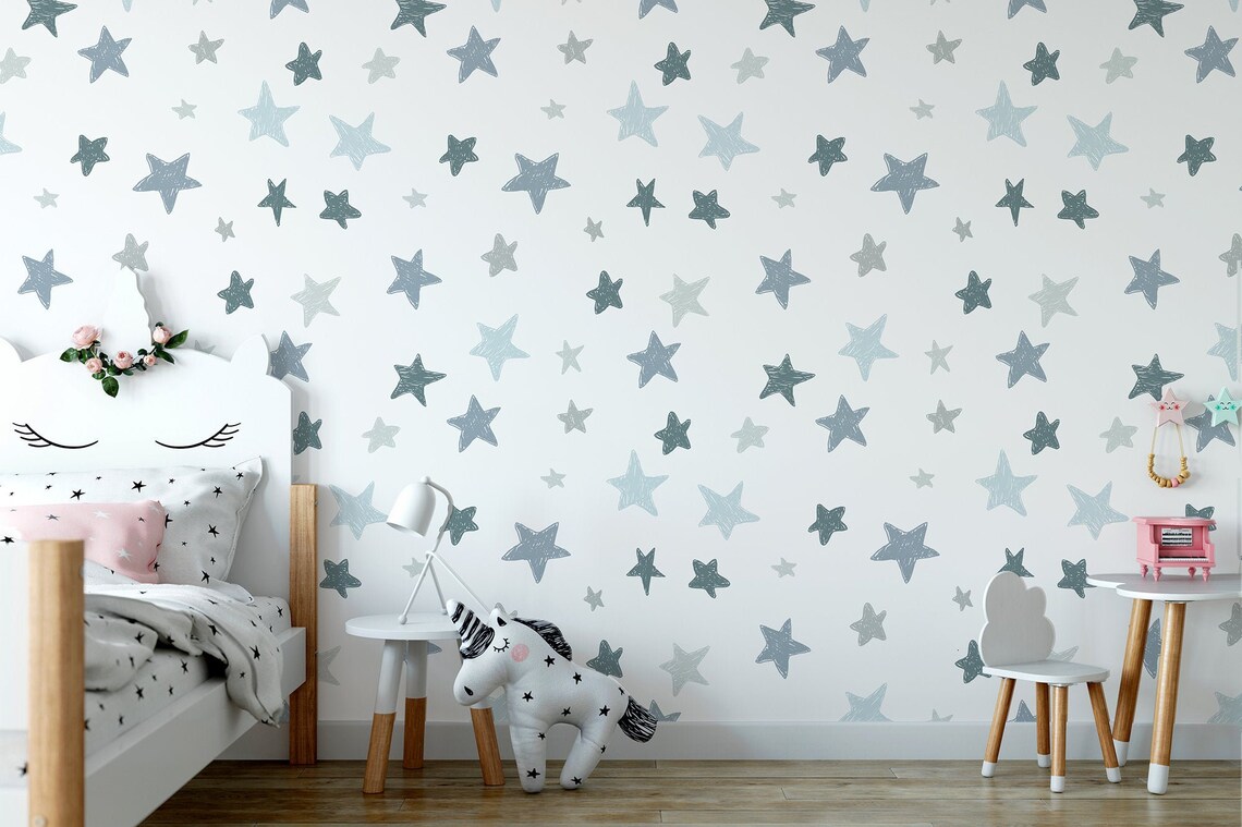 White Wallpaper With Blue Star Pattern for Kids Self Etsy