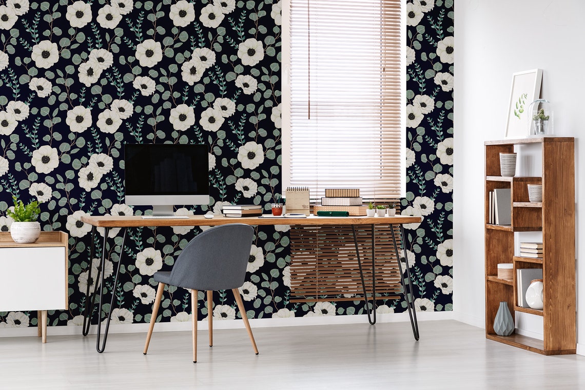 Dark Wallpaper With White Anemone Flower Pattern Self | Etsy