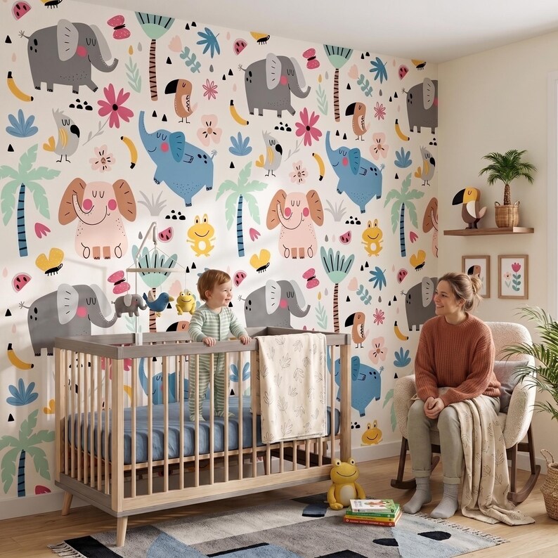 Papel pintado blanco con colorido estampado de animales tropicales, mural para habitación infantil, autoadhesivo o papel vinílico tradicional. imagen 2