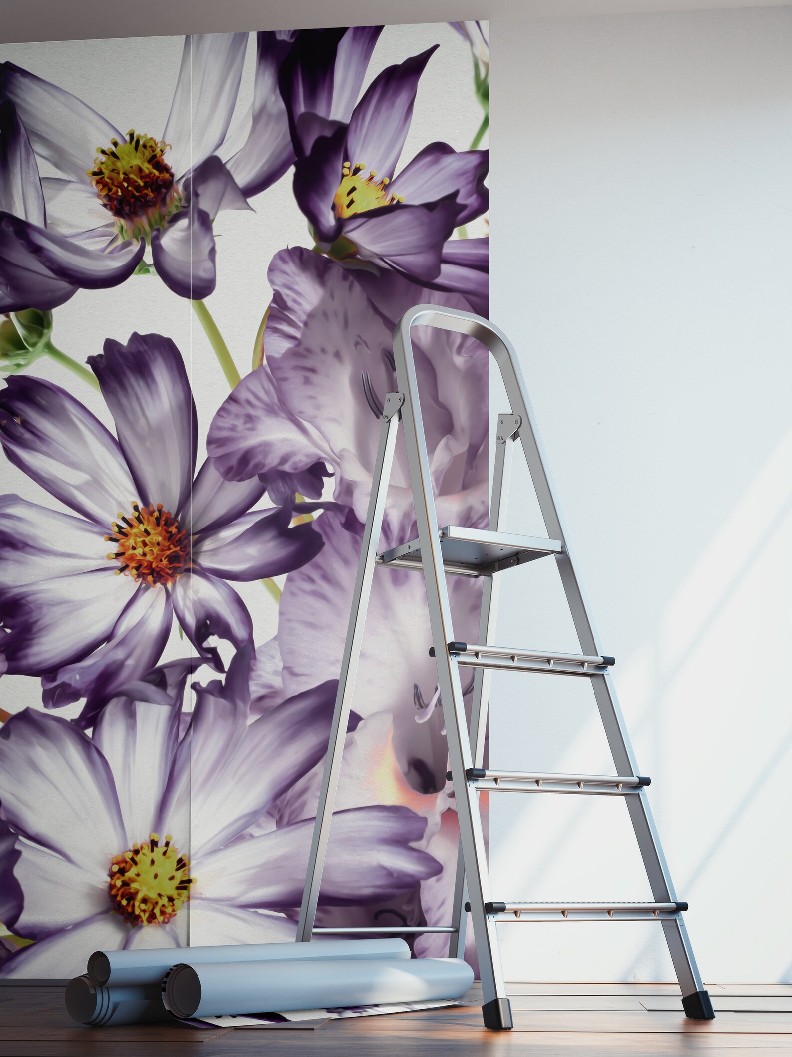 White Wallpaper With Purple Flowers Peel and Stick Floral Etsy