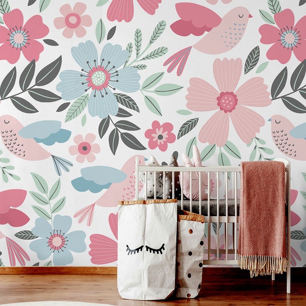 Papel pintado azul y rosa con pájaros y flores || Para niños, autoadhesivo, despegable y pegable.