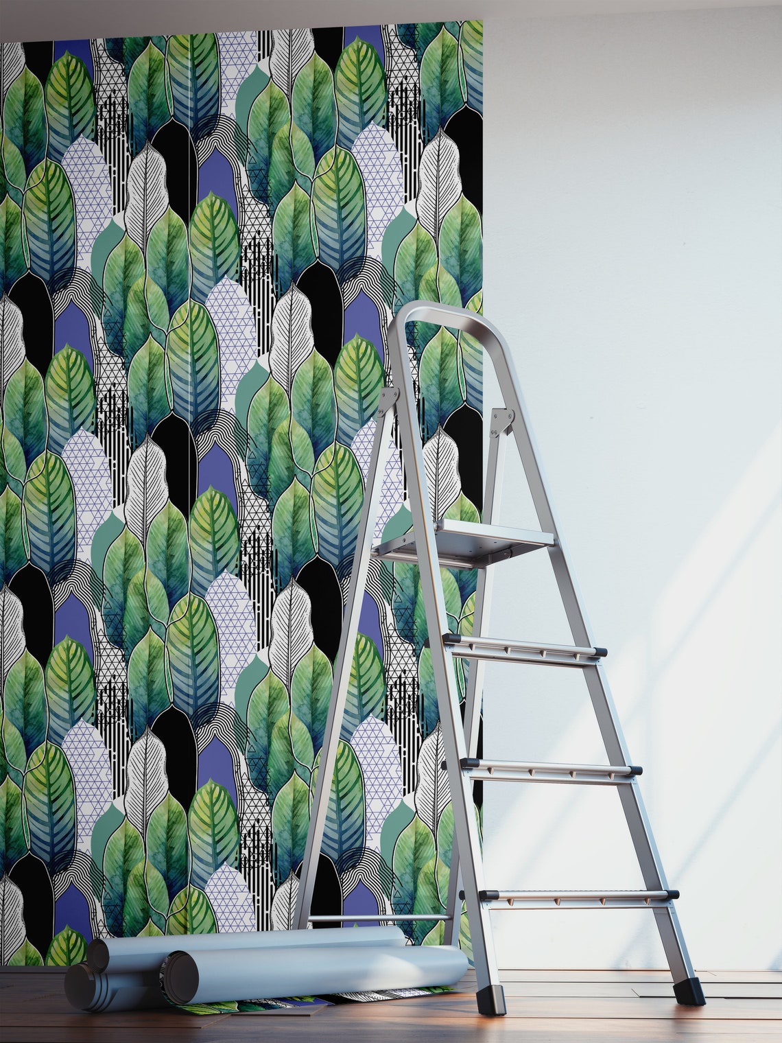 Abstract Green and Blue Leaf Pattern Wallpaper Peel and Etsy