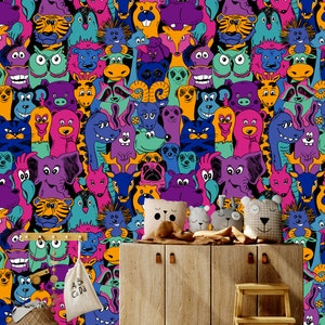 Colorful wallpaper with cartoon animal pattern, Wallpaper for kids, self adhesive, peel and stick wall mural