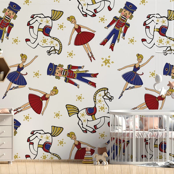 British style wallpaper with ballerina, guardian and a horse, For Kids, self adhesive, peel and stick wall mural