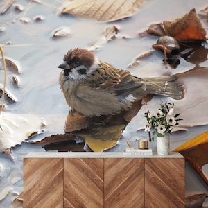 Carta da parati con uccelli bellissimi, uccello su foglia in acqua, murale artistico della natura • Carta da parati autoadesiva staccabile e attaccabile o carta da parati tradizionale •