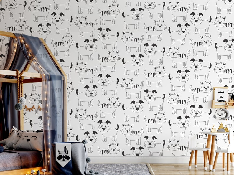 White and Black Wallpaper With Dog and Cat Pattern Wallpaper Etsy