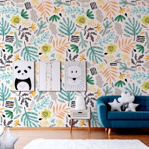 White wallpaper with colorful leaves, For Kids, self adhesive, peel and stick wall mural
