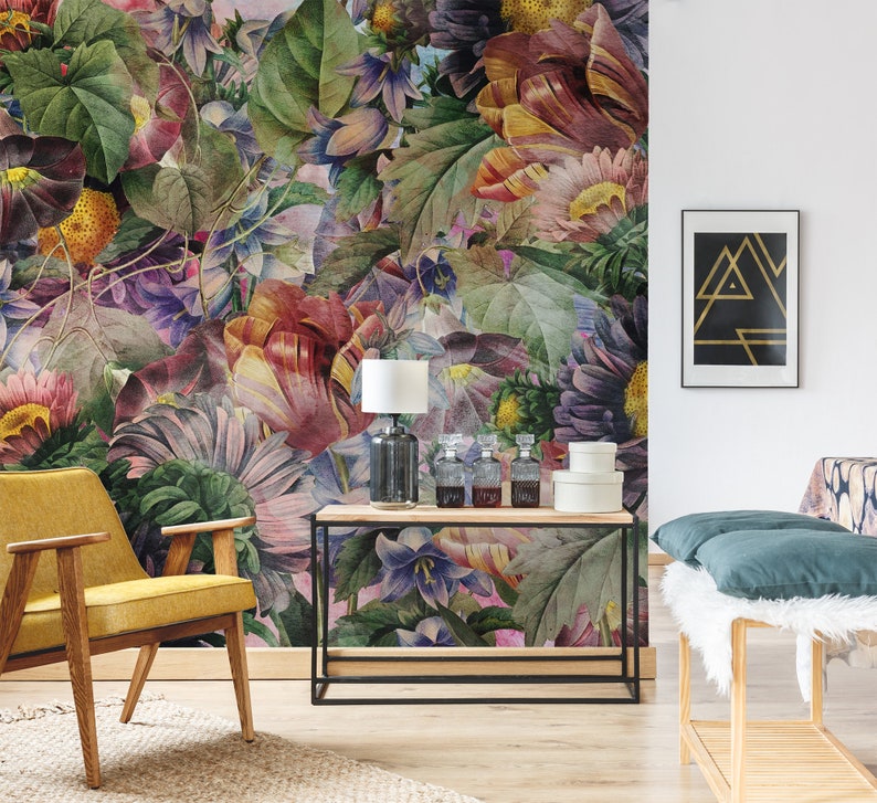 peel and stick wall mural Colorful vintage floral wallpaper with tulips