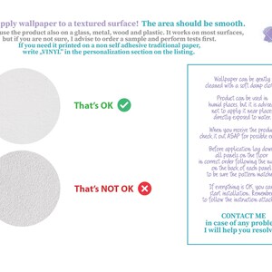 May include: A guide on how to apply wallpaper to a smooth surface. The image shows two circles, one with a smooth surface labeled "That's OK" and the other with a textured surface labeled "That's NOT OK". The image also includes instructions on how to apply wallpaper, including cleaning, laying down panels, and checking for errors.