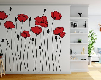 White wallpaper with poppy flowers || For Kids, self adhesive, peel and stick wall mural