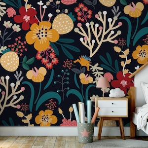Donker behang met kleurrijk cartoonbloemmotief || Voor kinderen, zelfklevend, verwijderbaar en plakbaar fotobehang