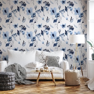 White and blue watercolor botanical pattern || self adhesive, peel and stick wall mural