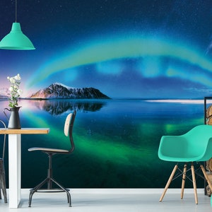 Aurora borealis, northern lights, night sky photo wallpaper || self adhesive, peel and stick wall mural