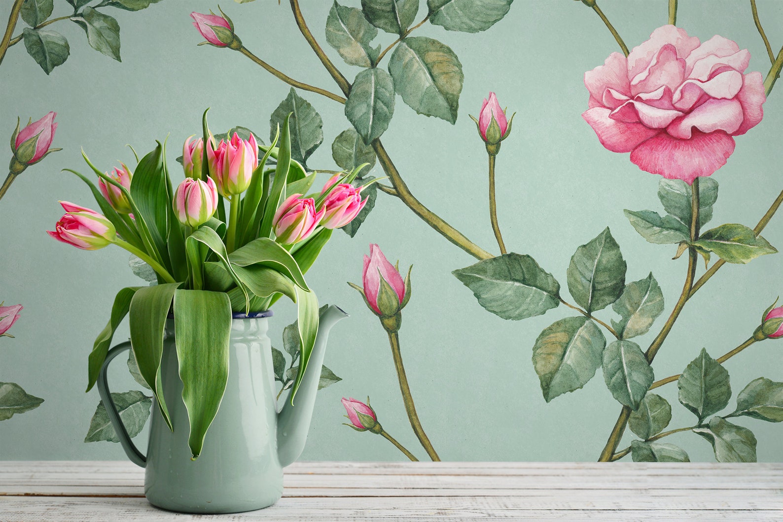 Mint green wallpaper with beautiful pink blooming roses Etsy Polska