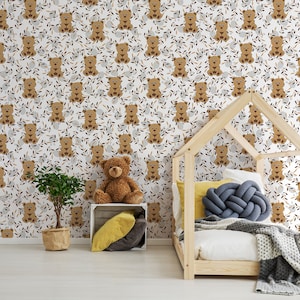 Small brown teddy bear pattern wallpaper || For Kids, self adhesive, peel and stick wall mural