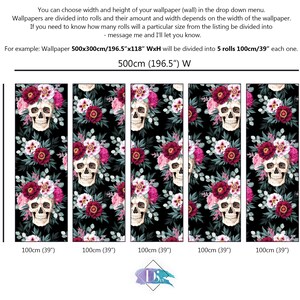 May include: Five black and white wallpaper rolls with a floral and skull pattern. Each roll is 100 cm (39 inches) wide and 300 cm (118 inches) high. The wallpaper is suitable for a wall that is 500 cm (196.5 inches) wide.