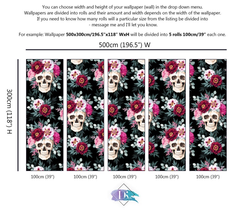 May include: Five black and white wallpaper rolls with a floral and skull pattern. Each roll is 100 cm (39 inches) wide and 300 cm (118 inches) high. The wallpaper is suitable for a wall that is 500 cm (196.5 inches) wide.