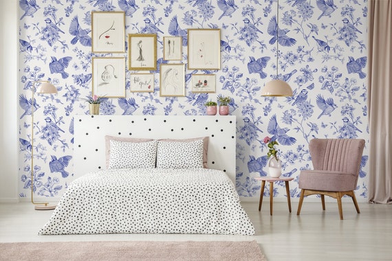 Blue vintage floral bird pattern wallpaper || peel and stick floral wall mural