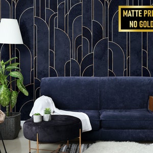 Dunkle marineblaue Aquarell-Tapete mit geometrischem Art-Deco-Bogenmuster • Abziehen und Aufkleben *selbstklebend* oder nicht geklebte Vinylmaterialien •