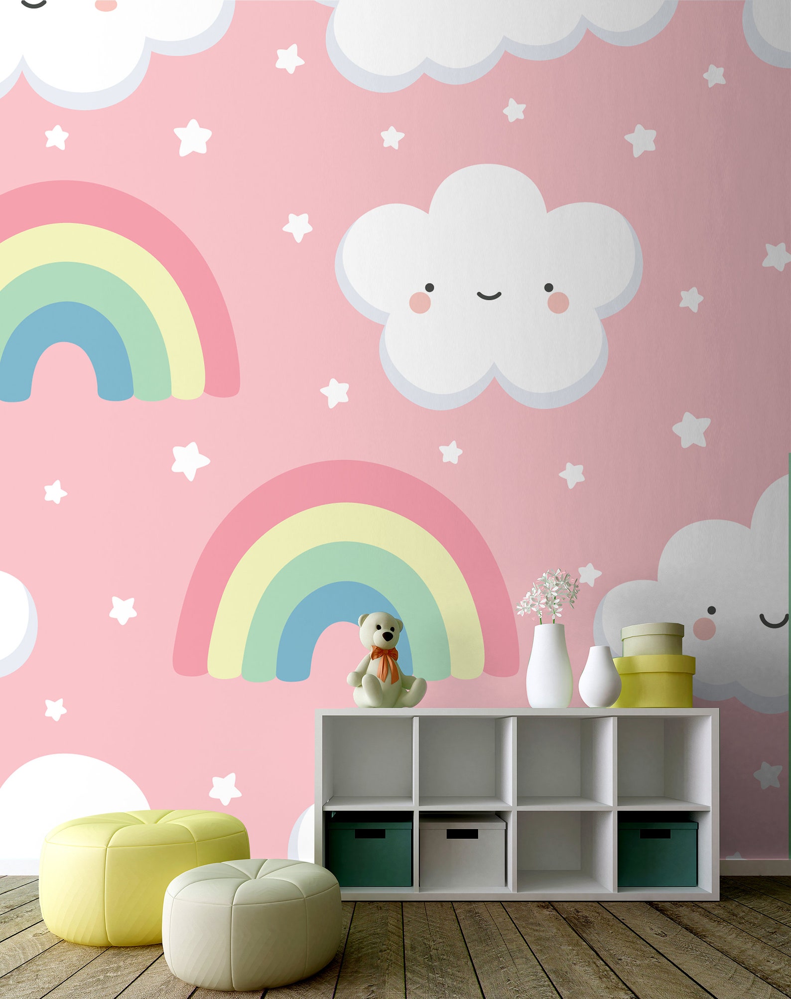 Pink wallpaper with clouds and rainbows || For Kids, self adhesive
