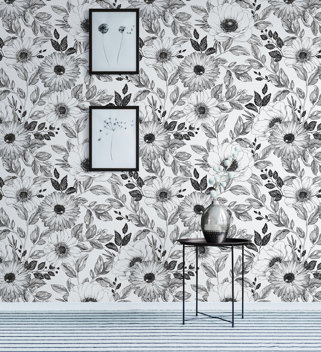 Black and White Floral Pattern Wallpaper || Peel and Stick Botanical ...