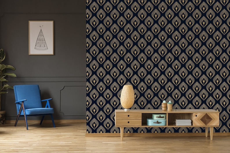 Navy Wallpaper With Small Yellow Geometric Pattern Self Etsy UK