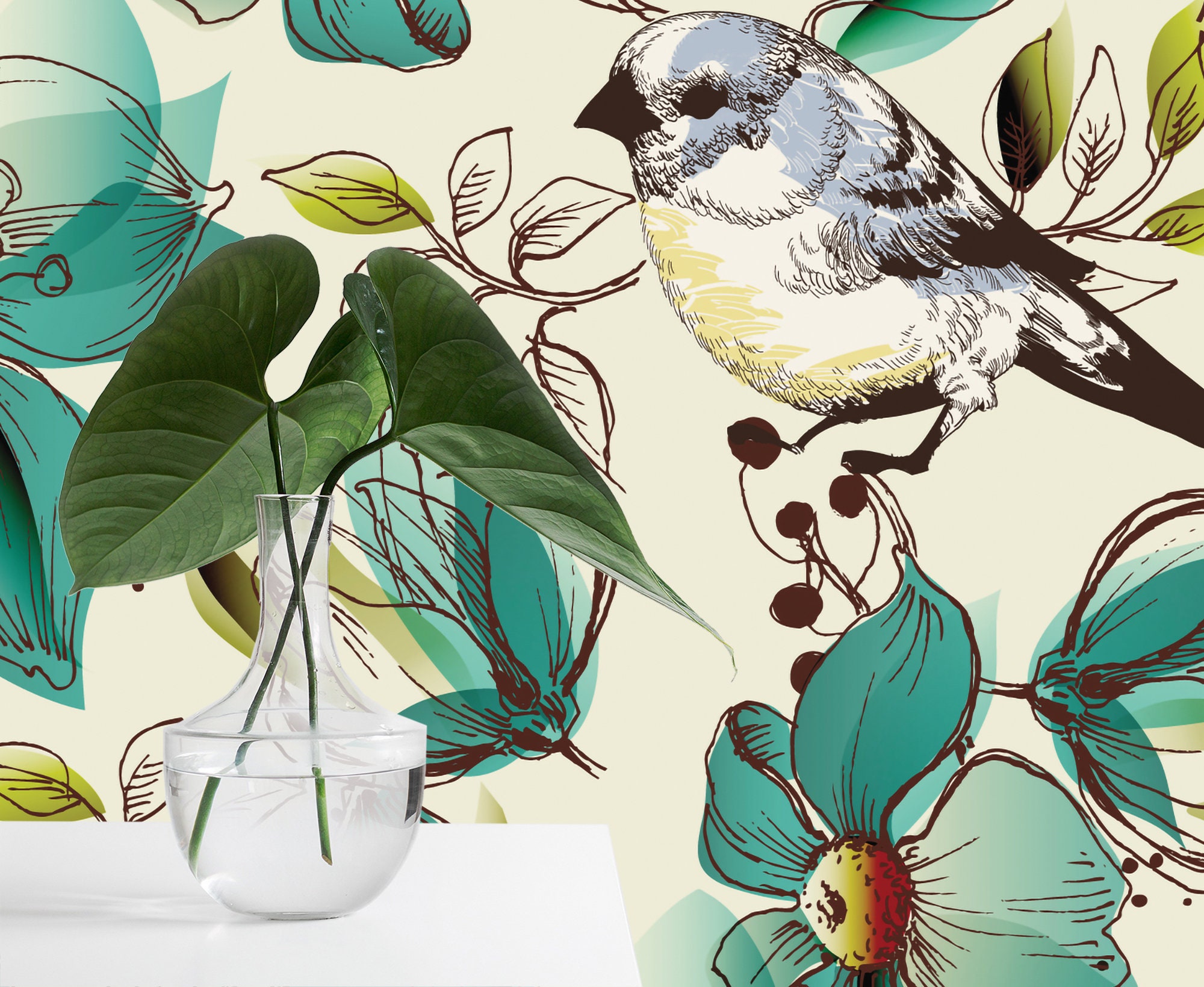 Cute Flowers & Birds Wallpaper Self Adhesive Removable Etsy
